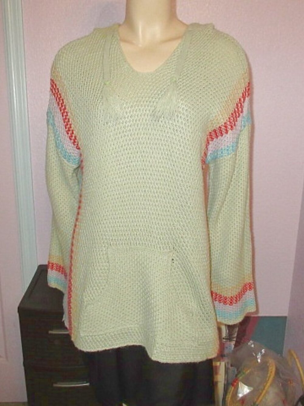 Vtg 70s Hand Knit Sweater Size L Pullover Hoodie Pockets Boho Hippie Beach EUC